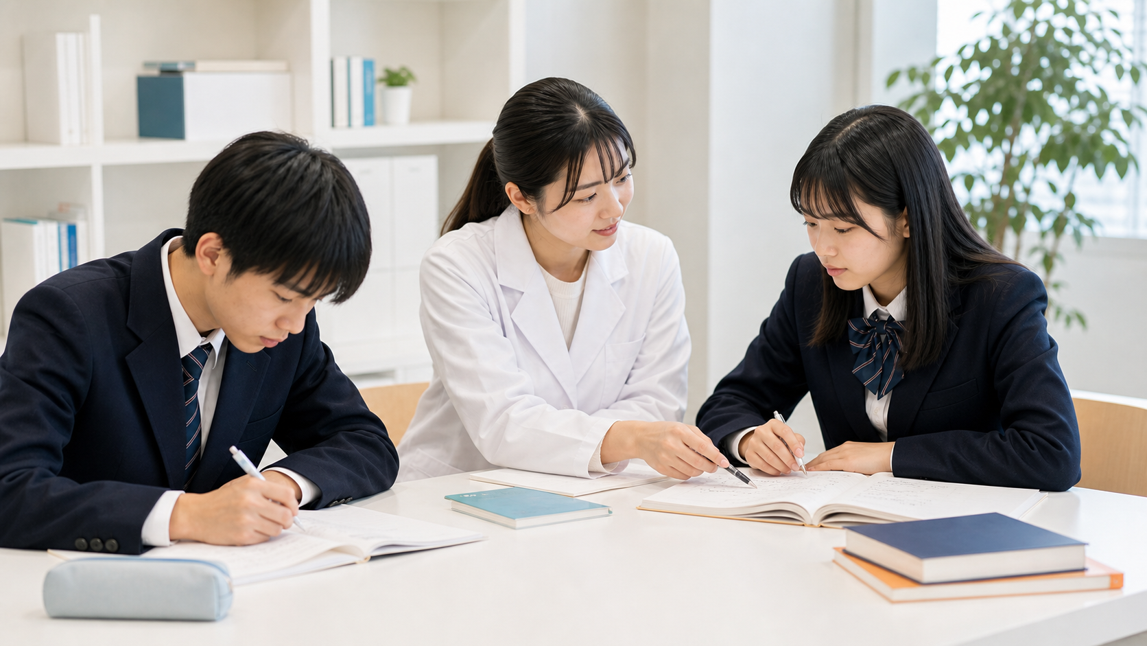 白衣の講師が1対2の個別指導で生徒に寄り添う様子